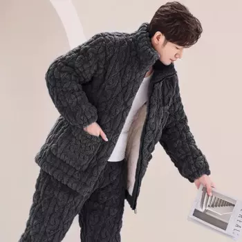 Мужская зимняя трехслойная Хлопковая пижама, коралловый бархат, утолщенный бархат, можно носить на улице, фланелевый домашний костюм, Зимний Комфорт