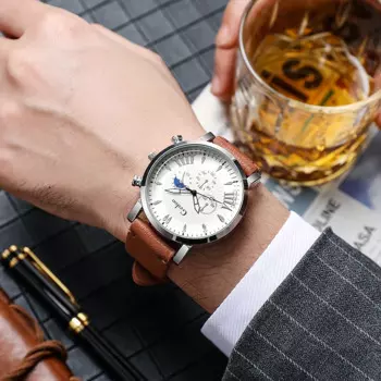 Мужские Аналоговые кварцевые часы с ремешком из кожи