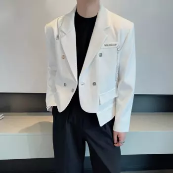 Мужские Асимметричные блейзеры Haute Couture, однотонная уличная одежда с отложным воротником и длинным рукавом, корейские Стильные повседневные Костюмы, короткие пальто на осень