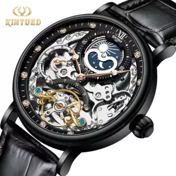 Мужские автоматические механические часы KINYUED J055 с Лунной фазой, водонепроницаемые повседневные наручные часы с двойным часовым поясом, мужские часы