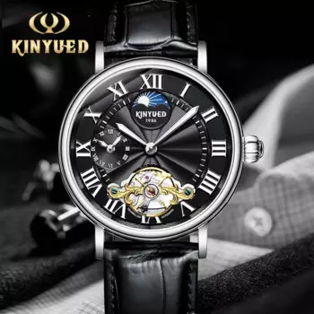 Мужские автоматические механические часы Kinyued, Водонепроницаемые многофункциональные часы с ремешком из воловьей кожи, 30 м