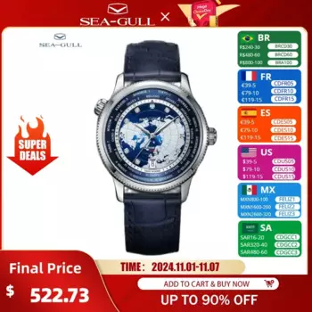 Мужские автоматические механические часы Seagull, серия мировых времени, водонепроницаемость 41 мм, 5 бар, мужские Роскошные наручные часы, мужские часы 7079 в