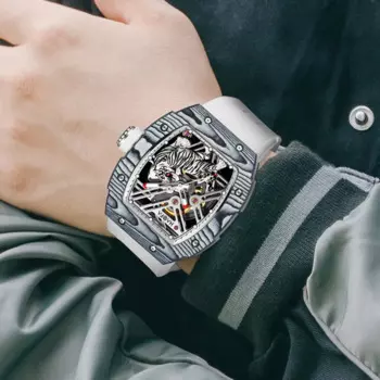 Мужские автоматические механические часы-скелетоны Haofa с 3D тигром, часы из углеродного волокна, светящиеся водонепроницаемые мужские часы с сапфиром 1973