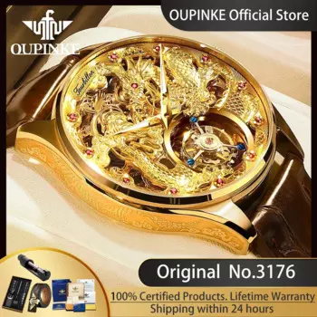 Мужские автоматические механические наручные часы OUPINKE с ремешком из 3176 натуральной кожи