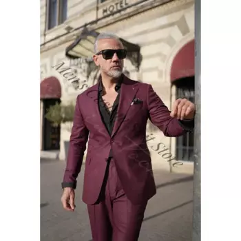 Мужские бордовые костюмы с заостренным воротником, летние однобортные элегантные смокинги для жениха, свадьбы, ужина, выпускного вечера, мужской костюм из пальто и брюк