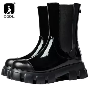 Мужские ботинки челси из лакированной кожи, деловые мужские ботильоны без шнуровки с круглым носком на толстой подошве, размер 38–44, мужские ботинки на платформе