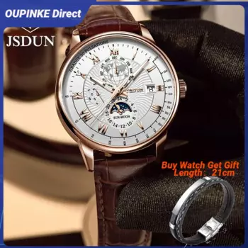 Мужские часы JSDUN 8909, роскошные полностью автоматические механические часы, водонепроницаемые деловые спортивные мужские часы с кожаным ремешком и лунной фазой