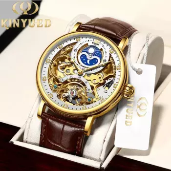 Мужские часы KINYUED с автоматическим механизмом, светящиеся водонепроницаемые мужские часы, классические повседневные мужские механические наручные часы с кожаным ремешком