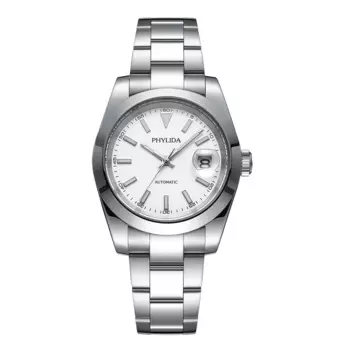 Мужские часы PHYLIDA 39 мм с белым циферблатом и датой, 100 м, WR Miyota, механический автоматический механизм