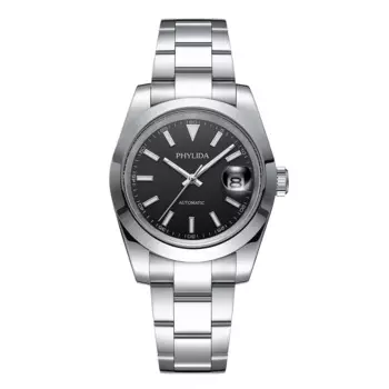 Мужские часы PHYLIDA 39 мм с тремя ручками и датой, с черным циферблатом, 100 м, WR Miyota, механический автоматический механизм