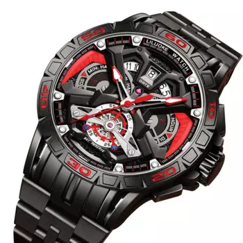 Мужские часы с дизайном маховика, модные деловые часы с черным лицом, водонепроницаемые светящиеся кварцевые наручные часы из нержавеющей стали, мужские часы