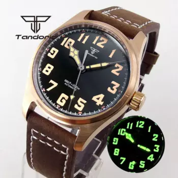 Мужские часы тандорио CUSN8 с автоподзаводом, бронзовые, 200 м, PT5000 NH35A, сапфировое стекло, зеленый циферблат, арабские цифры, кожаный ремешок