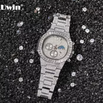 Мужские часы Uwin золотого цвета с большим циферблатом военные кварцевые часы Роскошные Стразы CZ водонепроницаемые наручные часы для прямой поставки