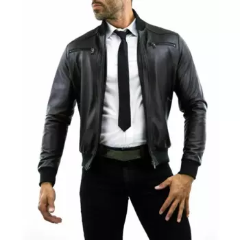 Мужские черные кожаные куртки, Короткая кожаная куртка-бомбер в байкерском стиле
