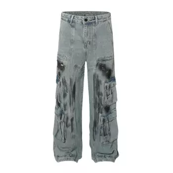 Мужские джинсовые брюки Hi Street, синие повседневные брюки-карго с принтом граффити