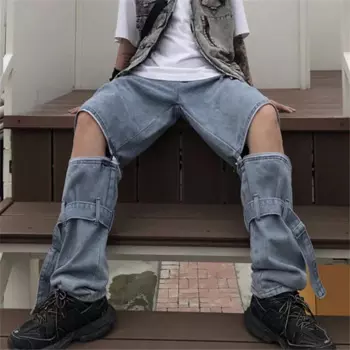 Мужские джинсовые брюки со съемным поясом, мужская одежда с отверстиями для папы, летние, весенние, Клубные, шикарные трендовые брюки стрейч