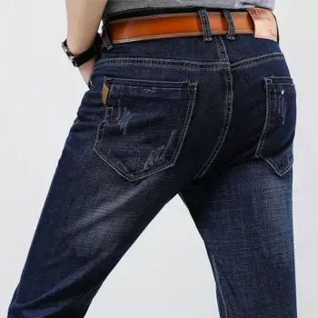 Мужские джинсы, брендовые рваные джинсы, популярные мужские Стрейчевые зауженные джинсовые брюки, повседневные мужские длинные джинсовые брюки, однотонные прямые джинсы для мужчин