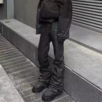 Мужские джинсы с эффектом потертости, Сияющие мешковатые расклешенные джинсы, Y2k