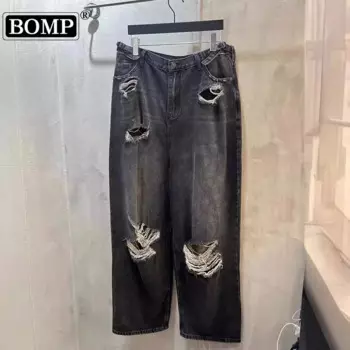 Мужские джинсы с широкими штанинами [BOMP], черные свободные джинсы с широкими штанинами, в стиле Парижа, для тяжелой промышленности