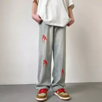 Мужские джинсы с вышивкой, осень 2022, свободные прямые широкие брюки в стиле High Street, мужские мешковатые джинсы, повседневные мужские брюки w97