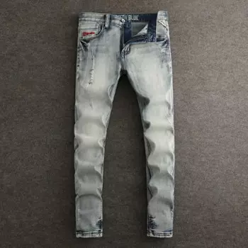 Мужские джинсы с вышивкой, синие эластичные облегающие брюки в стиле хип-хоп с большими карманами