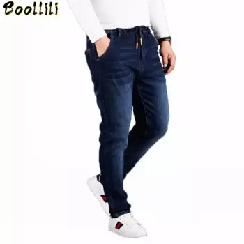 Мужские флисовые джинсы, свободные джинсы с высокой талией, эластичные кашемировые брюки, осенне-зимние мешковатые прямые джинсы для мужчин