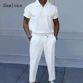 Мужские Элегантные комплекты из двух предметов размера плюс 3xl, 2024, рубашка-поло с коротким рукавом и однотонные брюки на шнурке, костюм, мужской повседневный спортивный костюм