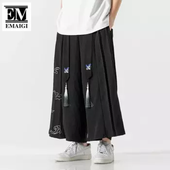 Мужские китайские винтажные ленты с кисточками, свободные повседневные льняные широкие брюки, женские юбки больших размеров, брюки, брюки