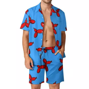 Мужские комплекты с воздушными шарами для собак, красные и синие повседневные шорты, летняя винтажная пляжная рубашка, комплект с короткими рукавами, графический костюм большого размера, идея подарка