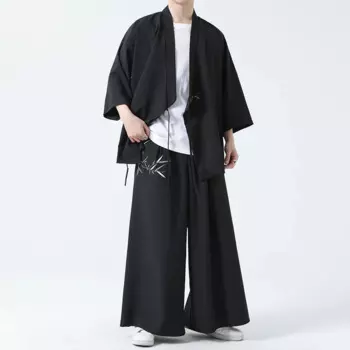 Мужские комплекты в японском стиле 2024, стильный однотонный Свободный кардиган с рукавом 3/4, брюки с широкими штанинами, мужской костюм из двух предметов