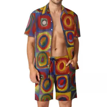 Мужские комплекты в стиле ретро в стиле поп-арт Кандинский с принтом, повседневные шорты, пляжная одежда, комплект рубашек, летний винтажный костюм с коротким рукавом, оверсайз