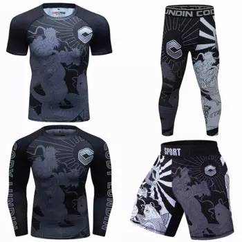 Мужские компрессионные футболки и штаны BJJ Jiu Jitsu MMA Guard для бокса, спортивная одежда для фитнеса и тренировок, комплект из футболки и обтягивающих шорт