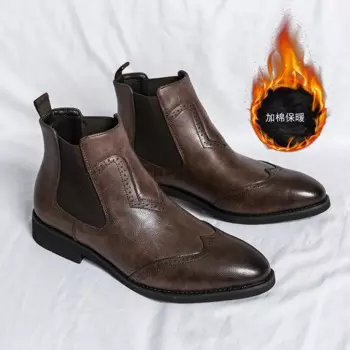 Мужские коричневые ботинки броги в британском стиле, кожаные высокие остроносые ботинки, Мужская классическая обувь, осенне-зимние теплые ботильоны с мехом для мужчин