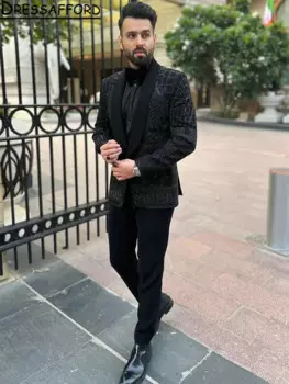 Мужские костюмы из двух предметов, черный блестящий мужской блейзер с бисером (пиджак + брюки)