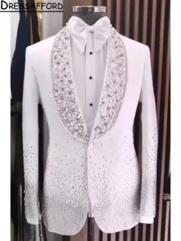 Мужские костюмы из двух предметов с белыми жемчужинами и стразами, мужской блейзер (пиджак + брюки)