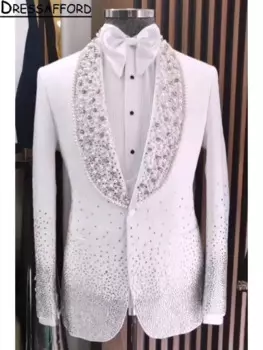 Мужские костюмы из двух предметов с белыми жемчужинами и стразами, мужской блейзер (пиджак + брюки)