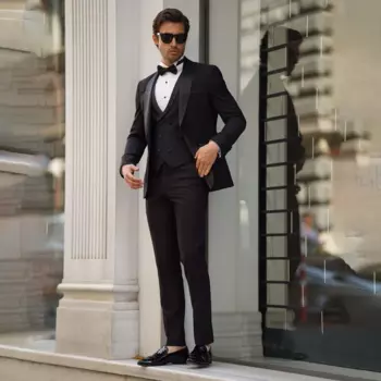 Мужские костюмы из трех предметов, Черная шаль с лацканами, модный однотонный деловой смокинг на одной пуговице для жениха, свадьбы, вечеринки, банкета, мужской облегающий костюм
