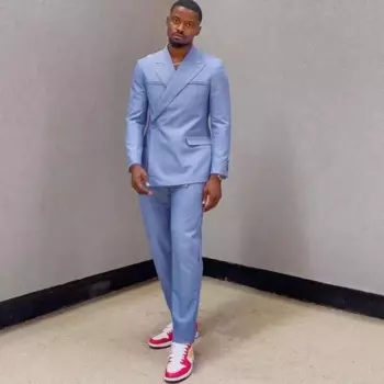 Мужские костюмы синего цвета, новинка, модный двубортный смокинг для жениха на свадьбу, облегающий блейзер для выпускного вечера, костюм из 2 предметов, мужской костюм