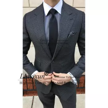 Мужские костюмы темно-серого цвета в клетку, свадебный смокинг для жениха с пиковым отворотом, облегающие деловые мужские блейзеры и брюки, наряд, мужской костюм из 2 предметов