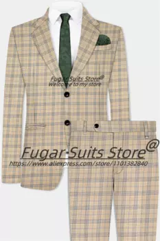 Мужские костюмы в клетку во французском стиле цвета хаки, приталенные двубортные смокинги для жениха, комплекты из 2 предметов для выпускного вечера, классические мужские пиджаки, костюм Homme