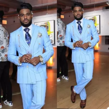 Мужские костюмы в полоску 2 шт. светильник-голубые смокинги для жениха с лацканами, современный официальный двубортный мужской пиджак + брюки, вечерние чный костюм на заказ