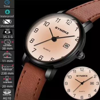 Мужские кварцевые аналоговые часы с календарем Synoke, простые Стильные водонепроницаемые мужские часы с кожаным ремешком