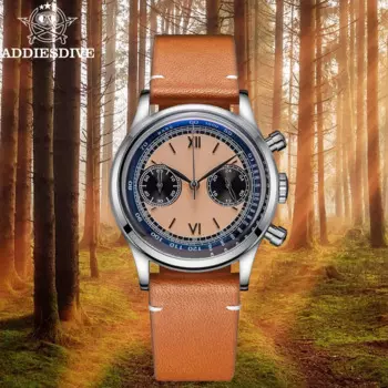 Мужские кварцевые часы ADDIESDIVE AD2037, многофункциональные часы с хронографом 24 часа, с черным циферблатом и кожаным ремешком, деловые наручные часы для дайвинга 100 м