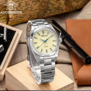 Мужские кварцевые часы ADDIESDIVE, роскошные часы с сапфировым стеклом и бежевым циферблатом 36 мм, наручные часы из нержавеющей стали, водонепроницаемые часы 100 м