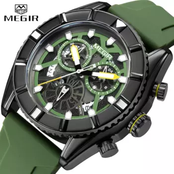 Мужские кварцевые часы с хронографом MEGIR, мужские часы с дополнительным циферблатом, ArmyGreen, силиконовые спортивные часы для мужчин, военные водонепроницаемые светящиеся часы, мужские часы