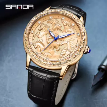 Мужские кварцевые часы Sanda в стиле ретро, модные флуоресцентные Мужские часы с 3d-гравировкой лошади, трендовые крутые мужские часы, новинка 2022, наручные часы с кожаным ремешком