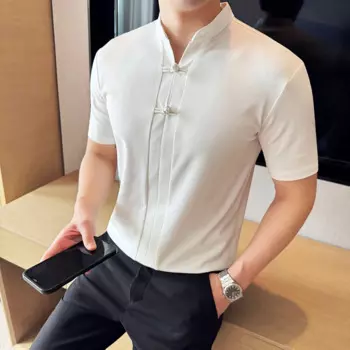 Мужские летние рубашки, белая новая рубашка-поло в китайском стиле с пряжкой и воротником-стойкой, тонкая черная футболка с коротким рукавом