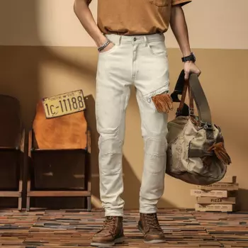 Мужские лоскутные байкерские джинсы для мотоцикла; Уличная одежда; Цвет белый, бежевый; Брюки-карго с карманами; Узкие зауженные Стрейчевые джинсовые брюки