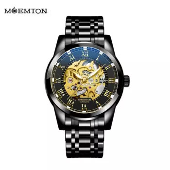 Мужские механические часы MOEMTON со стальным ремешком, водонепроницаемые, 3 бар, роскошные модные часы с полым циферблатом