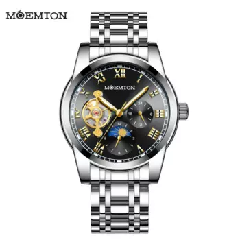 Мужские механические часы MOEMTON, водонепроницаемые Модные многофункциональные часы, стальной ремешок M142.BSSA02